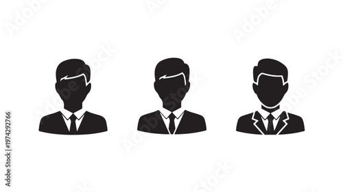 Three businessmen wearing virtual reality goggles in black and white minimalist style for technology and innovation