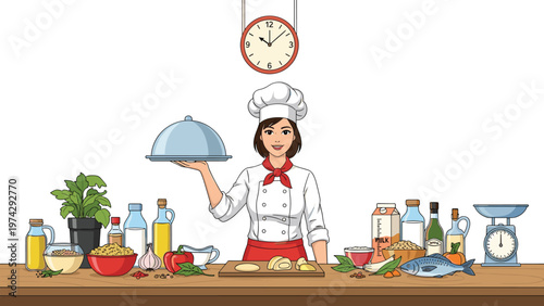 Professional female chef in a white uniform presenting a silver platter behind a wooden table filled with fresh food ingredients.
