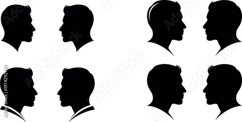 Male Profile Silhouette Set Featuring Face to Face Human Interaction Side View Head Shapes in Minimal Black Vector Illustration Collection
