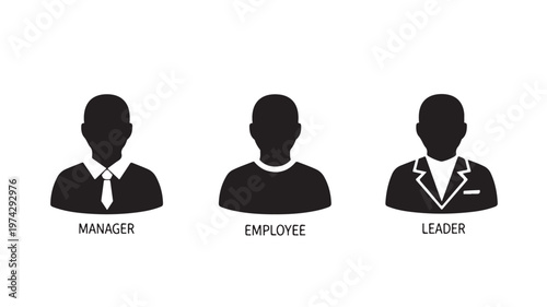 Black silhouettes of manager, employee, and leader on white background in simple minimalist style for business and teamwork