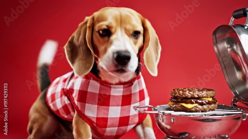 Beagle bbq adventure: playful pup grilling in red checkered shirt with burger temptation