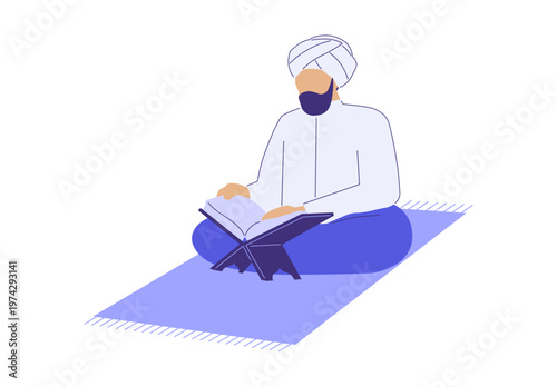 Minimalist flat illustration of a faceless muslim man wearing turban reading quran on prayer rug