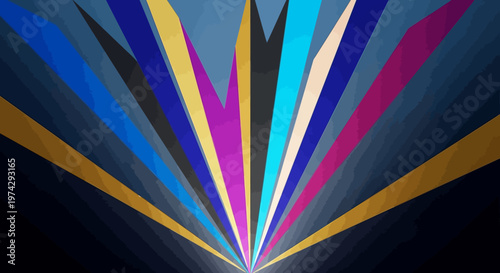 Colorful Radiant Light Beams Fanning Out from Center.