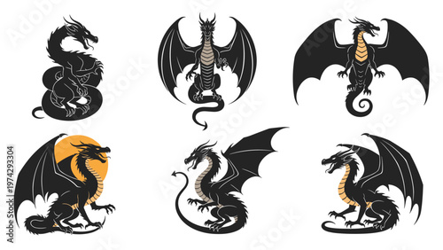Set of black dragon silhouettes shown in various dynamic poses such as flying and standing for mythical fantasy design projects.