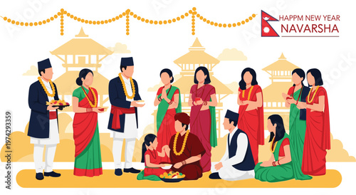 Happy Navarsha New Year celebration in Nepal, depicting people in traditional attire gathering for a festive meal, adorned with garlands and surrounded by traditional architecture.