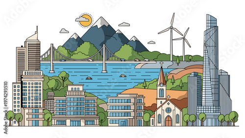 Detailed urban cityscape illustration featuring modern skyscrapers, a bridge over water, a church, and mountains in the far distance.