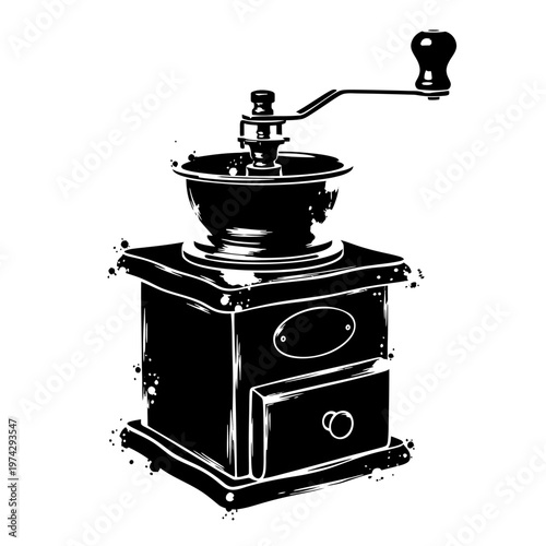 Vintage Manual Coffee Grinder with Drawer - Black Silhouette