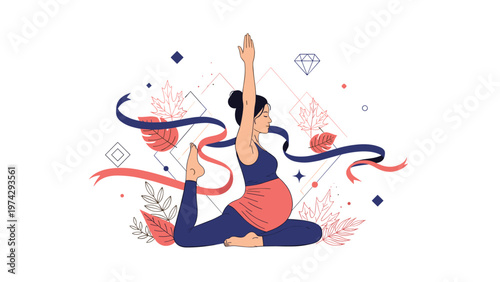 Pregnant woman practicing a graceful yoga pose surrounded by decorative autumn leaves and abstract graphic elements on a white field.