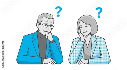 Elderly Senior Couple Thinking and Confused with Question Marks, Memory Loss and Dementia Concept, Retirement Planning and Financial Doubt Vector Illustration
