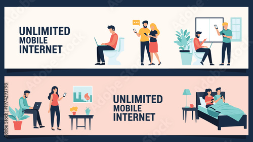 Two horizontal banners for unlimited mobile internet featuring illustrations of people using laptops and phones in various home settings.