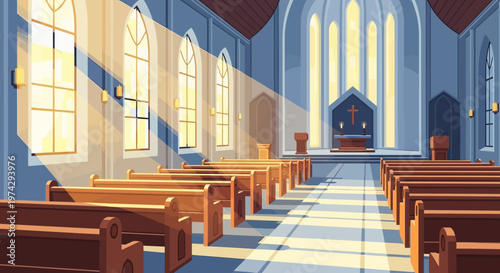 Interior View of a Classic Church Sanctuary with Wooden Pews and Stained Glass Windows.