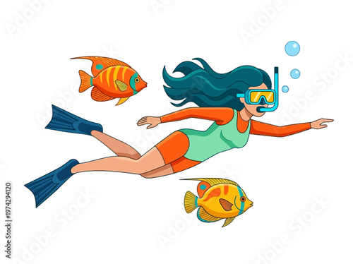 Vector Illustration of a Female Snorkeler Diving Underwater with Tropical Fish, Woman Scuba Diving with Mask and Fins Isolated on White