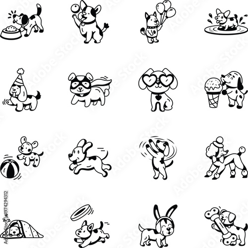 Collection of Dogs Playing Glyph Style Icons 

