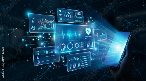 Advanced monitoring banner with blue gradient background, health data panel and smartphone glow