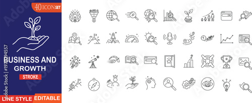 Business Growth and Financial Success Line Icon Set web Startups and Entrepreneurs Sales Funnel, Leadership and Career Development, Marketing Strategy, Data Analytics Symbols Vector Illustration 