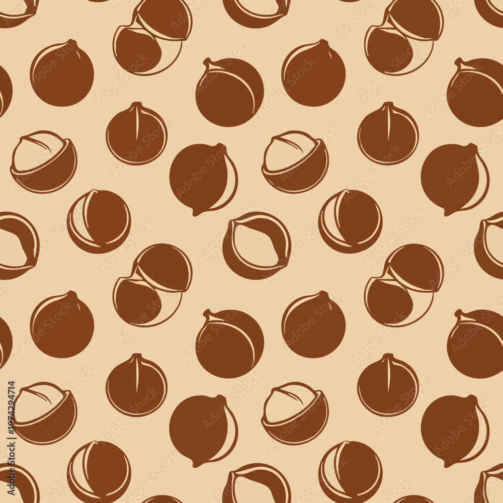 Fototapeta premium Macadamia Nuts Seamless Pattern. Whole and Halved Nuts. Brown on Beige Background.