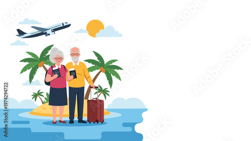 Senior couple standing on a tropical island with palm trees holding passports and a suitcase as a plane flies in the sunny sky.