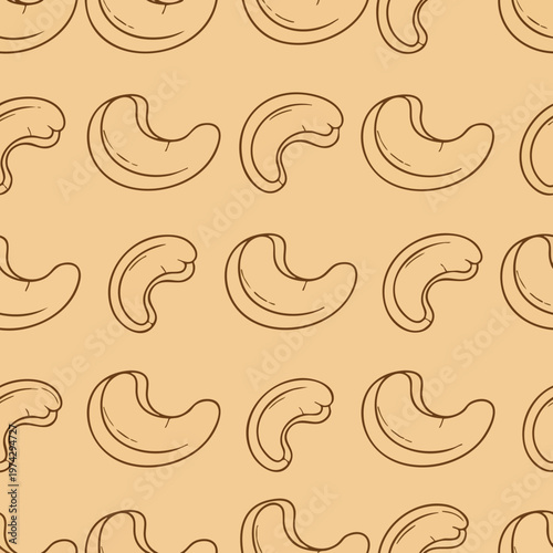 Cashew Nuts Seamless Pattern Background. Hand-drawn Cashew Pattern. Sketch Cashew Pattern. Organic Cashew Texture.
