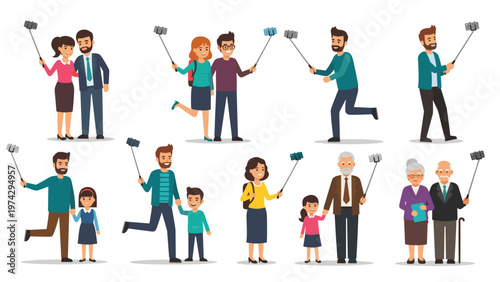 Set of diverse people including couples and families using selfie sticks to take photos together in various poses.