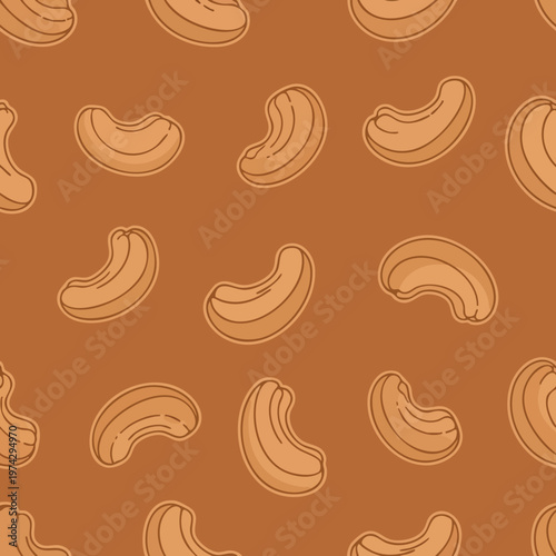 Cashew Nuts Seamless Pattern Background. Food Pattern. Hand Drawn Style. Textured. Repeating.