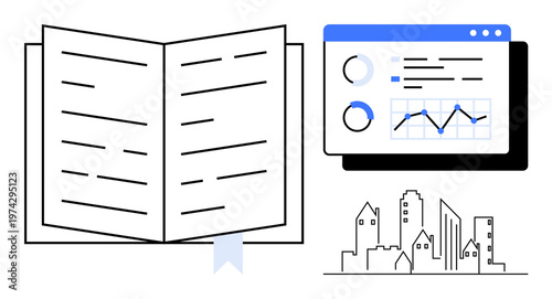 Education, data visualization, research, urban planning, literacy, technology. Open book, analytics dashboard minimal city skyline. Education and data visualization intertwined with urban