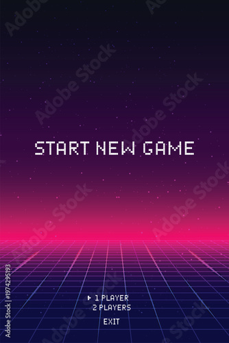 Start new game. Pixel art 8-bit. Modern trendy game background with lighting effect for game assets.