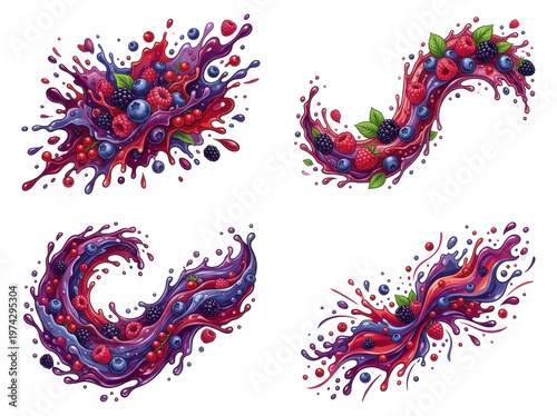 Pixel art depictions of berry splashes and swirling liquid, featuring vibrant colors and dynamic abstract elements.