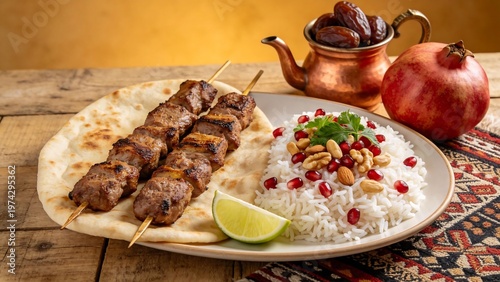 Grilled meat skewers with rice and pomegranate