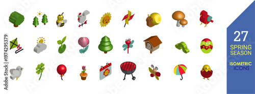 Spring isometric icon set. Editable isometric icons. Vector illustration.