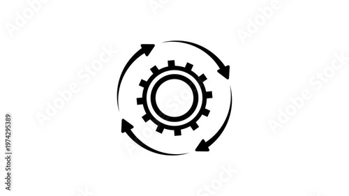 Gear rotation animation with arrows on white background. Process automation animation. black linear cogwheel, process optimization icon, workflow cycle, mechanical settings for UI or tech.