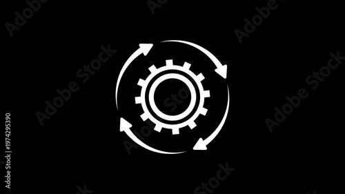 Gear rotation animation with arrows on black background. Process automation animation. white linear cogwheel, process optimization icon, workflow cycle, mechanical settings for UI or tech.