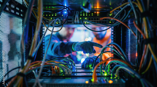 It technicians in gloves install and maintain cables and network hardware inside server rack at datacenter. Infrastructure installation and data center maintenance. Internet technology computing