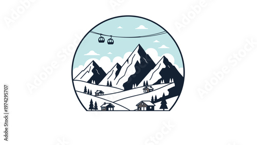 Circular emblem captures a beautiful winter mountain landscape featuring ski lifts, snowy peaks, and cozy cabins.