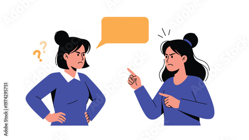 Two angry women in blue shirts engage in a heated argument while pointing fingers and expressing frustration together.