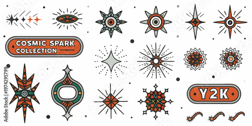Collection of cosmic starbursts and retro badges detailed silhouette
