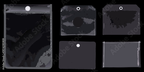 Four abstract frames displaying dark shapes and a circular void silhouette