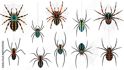 Diverse collection of different spider species is shown with some hanging from silk threads and others on round webs.