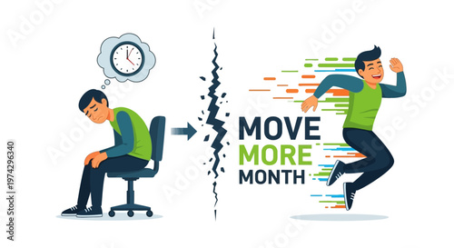 Conceptual vector illustration promoting stress awareness month, showcasing a transition from a slumped figure burdened by time pressure to a dynamic runner, set against a clean white