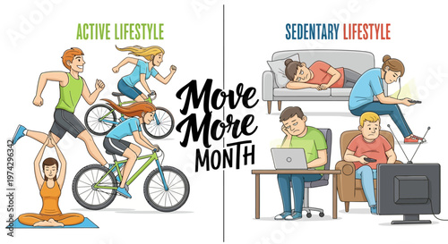 Split-screen illustration promoting stress awareness month showing active individuals jogging, cycling, and doing yoga on one side, contrasted with sedentary people lounging and watching
