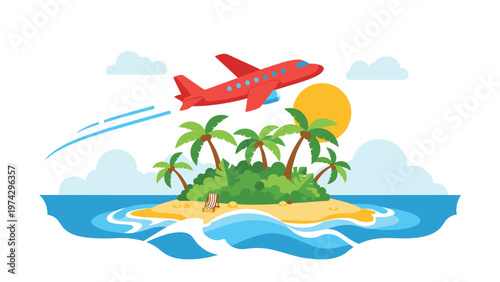Idyllic tropical island scene shows a red airplane flying over palm trees, golden sand, and blue ocean waves.