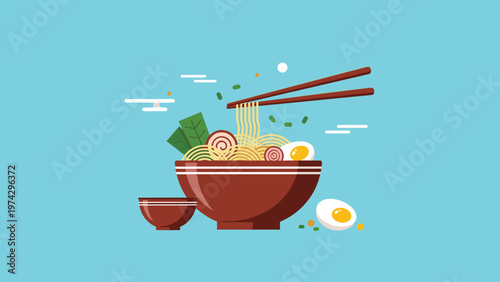 Delicious bowl of hot ramen noodle soup is served with chopsticks, boiled egg, seaweed, and traditional fish cakes.