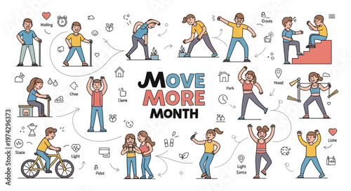 Vector illustration promoting stress awareness month featuring people exercising and practicing stress relief techniques, presented with a clean background, simple line art, and a work life