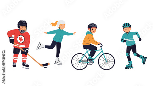 Diverse group of kids engaged in different physical activities including hockey, ice skating, cycling, and rollerblading.