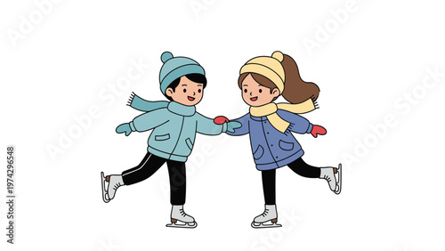 Two happy children wearing winter clothes while ice skating together outdoors on a cold seasonal winter day.