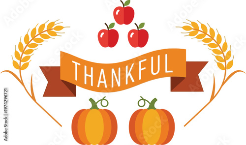 Autumn harvest thanksgiving design apples pumpkins wheat and ribbon isolated on transparent background
