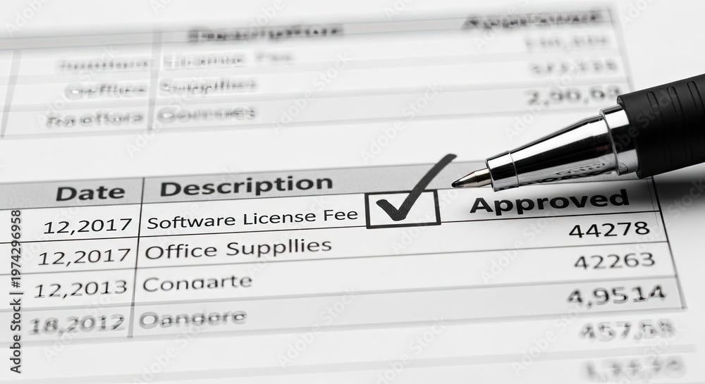 Obraz premium Close-up of fountain pen marking approved checkbox on financial statement