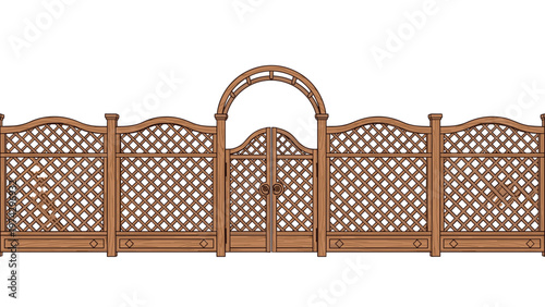 Long wooden lattice garden fence featuring a decorative arched entrance gate for backyard or property boundaries.