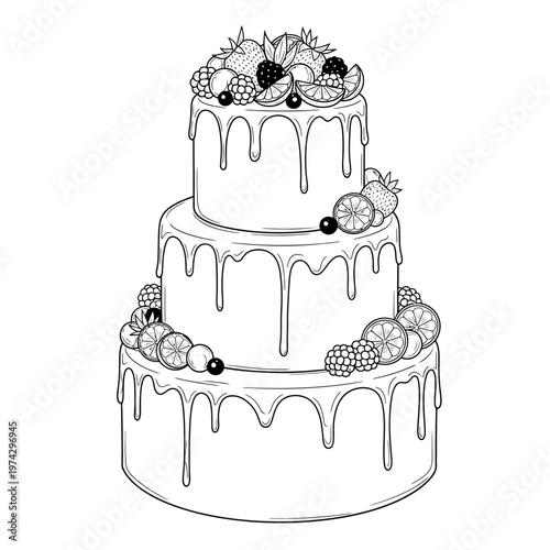 Three-tiered wedding cake decorated with fresh fruits and dripping chocolate glaze