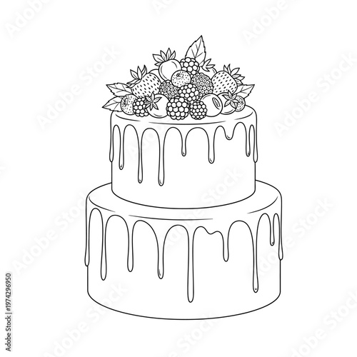 Two-tier cake with dripping chocolate glaze and fresh berries on top, black and white line art.
