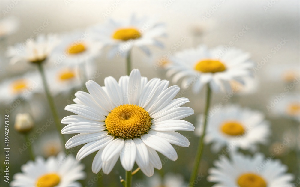 Obraz premium White daisies bloom in a soft sunlit field with gentle bokeh
